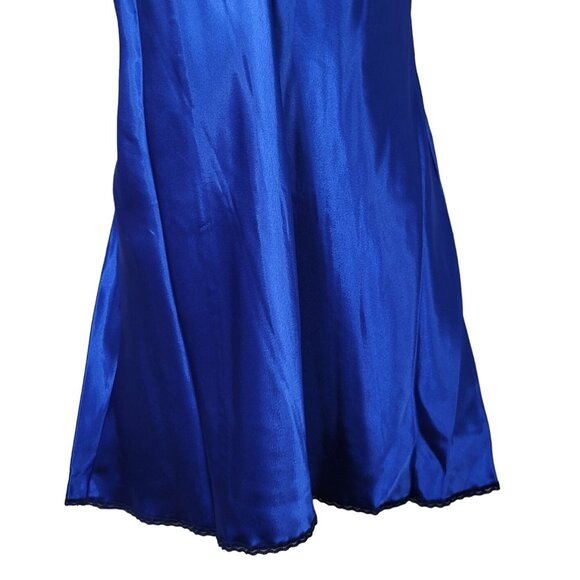 Val Mode Lingerie Blue Medium Black Lace Trim Nightie USA SatinChemise Slip VTG - Picture 3 of 6